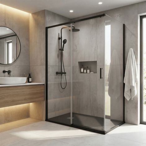 Pack douche fermée (entre deux murs) noir : receveur 120x80 cm + paroi coulissante + paroi latérale fixe