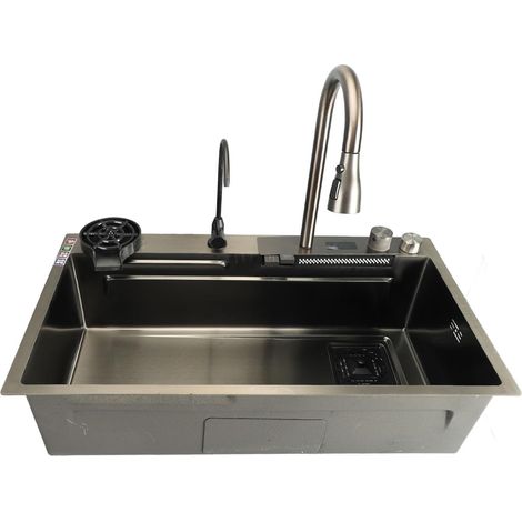 Évier de cuisine en acier inoxydable, 1 bac avec accessoires et affichage numérique, 80 x 45 x 20 cm, noir (1/5)