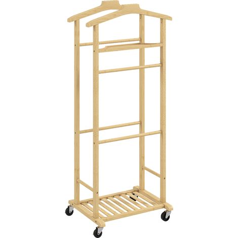 Indossatore Servomuto 4 in 1 a Rotelle 47x33,7x105,5 cm con 2 Aste Vassoio Svuota Tasche e Ripiano per Scarpe in Bambù (1/5)