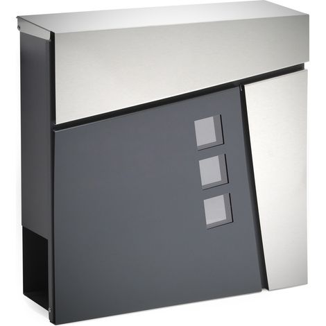 Wiltec Designer Briefkasten V24 Anthrazit und Edelstahl 370 x 105 x 370 mm, Wandbriefkasten mit Schloss, Sichtfenstern und Zeitungsrolle, Postkasten aus pulverbeschichtetem Stahl (1/5)