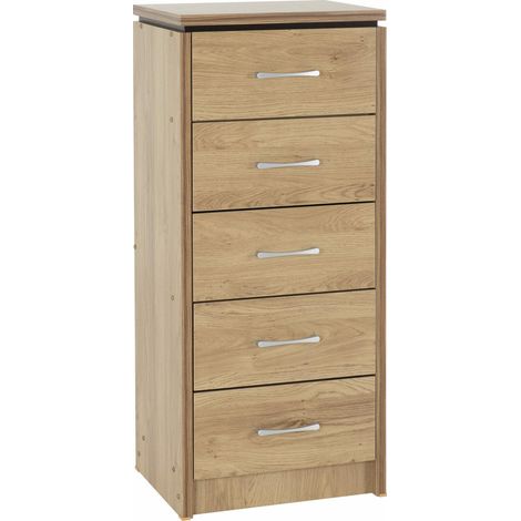Charles 5 Drawer Narrow Chest - L40 x W50 x H116.5 cm - Oak Effect Veneer with Walnut Trim (1/5)
