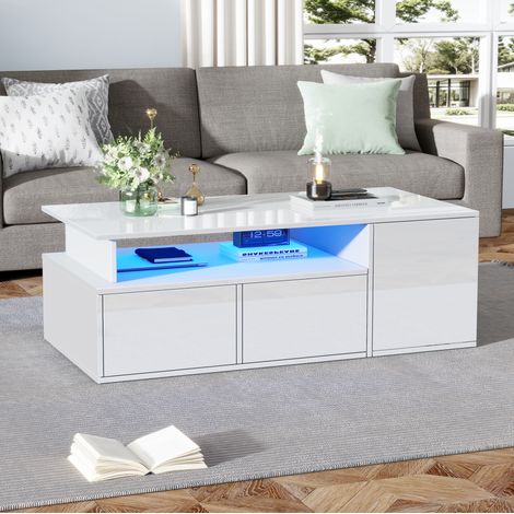 Couchtisch aus Spanplatte Weiß Hochglanz 100 x 50 cm mit LED und 2 Schubladen (1/5)