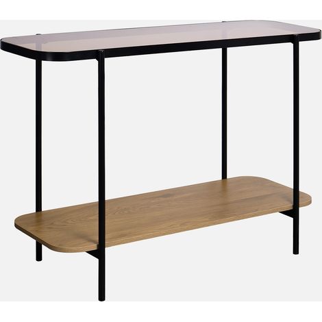 Consola vintage de metal negro con tapa de cristal y decoración de madera, 110cm