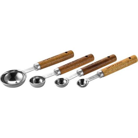 Set di 4 misurini, cucchiai dosatori e utensili da forno in acciaio inox con manici in legno, colore originale. (1/5)