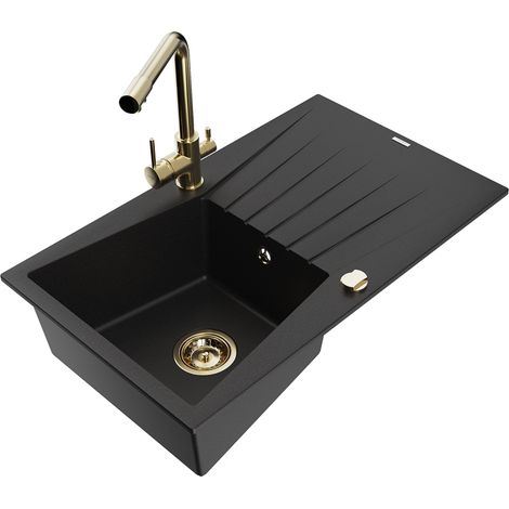 Mexen Cesar 1 Becken-Granitspüle mit Abtropffläche und Mischbatterie Duero, Schwarz - 6514-77-671600-50