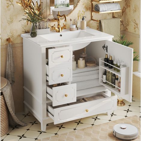 Meuble sous vasque 76,5 cm avec vasque en céramique, 2 tiroirs, compartiment porte, poignées dorées, blanc, pour salle de bain moderne - CHICFURN (1/5)