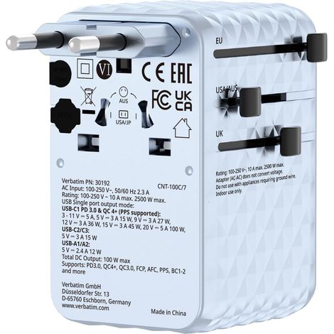 VERBATIM CHARGE N TRAVEL 100W UNIVERSAL TRAVEL ADAPTER WITH RETRACTABLE CABLE BLUE