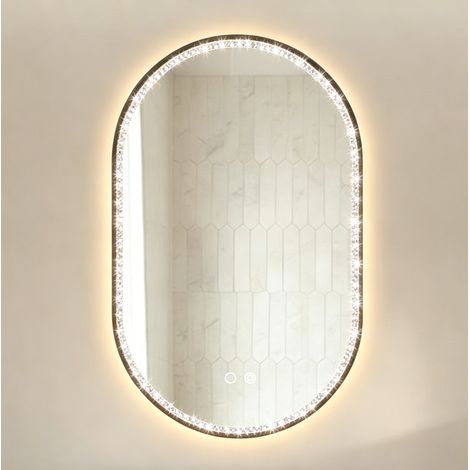 Specchio bagno ovale LED 50 x 80 cm antiappannamento, cornice nera e cristalli OKWISH (1/5)