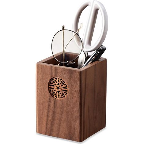Porte-stylos carré en bois fait main, organiseur bureau, rangement papeterie pinceaux maquillage maison (1/5)