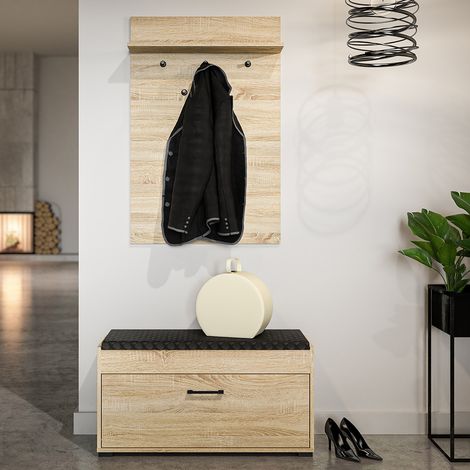 Schuhbank 90cm gepolstert und Wandgarderobe Eiche hell CHEB-131 (1/5)