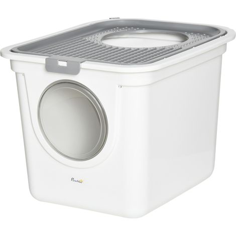 Bac à litière pour chat double porte battante et supérieure, pelle fournie, 44L x 55l x 39H cm, blanc