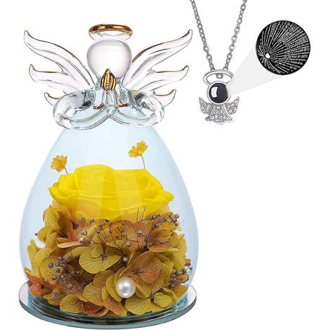 Cadeau pour la fête des mères ou l'anniversaire de maman : Statue d'ange en verre ornée de jolies fleurs violettes - Bleu foncé et jaune - Taille M (1/5)