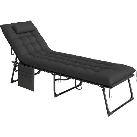 Schwarze, klappbare Sonnenliege mit Kissen, verstellbarer Kopfstütze, Seitentasche, Liegefunktion, Maße 58x189x32,5 cm, komfortabel für Garten, Pool, Terrasse.