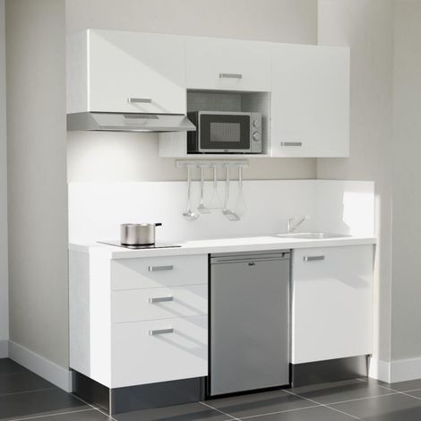 Kitchenette K20L-PT - 180 cm - plan stratifié, évier inox, - Façade Blanc - Plan Blanc - Crédences Oui + Electroménager inclus coloris Inox (1/5)