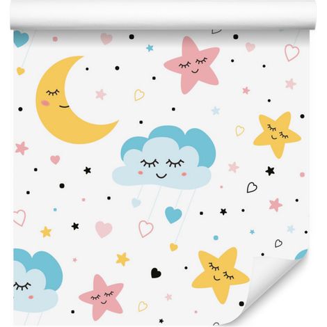Carta da parati colorata con stelle dormienti, nuvole e lune 50x1000 cm (1/5)