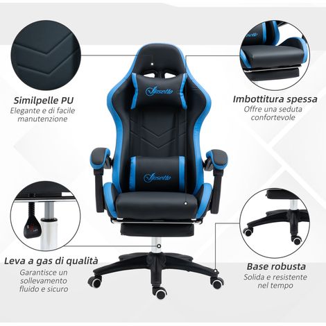 Fauteuil Gaming Réglable en Hauteur avec Dossier Inclinable, 65x65x121-129 cm, Bleu et Noir (1/5)