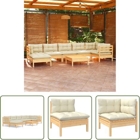 The Living Store 8-tlg. Garten-Lounge-Set mit Creme Kissen Massivholz Kiefer - Gartengeräte - Lounge Möbel - Gartenmöbel Set - Kiefernholzmöbel - Outdoor Furniture (1/5)