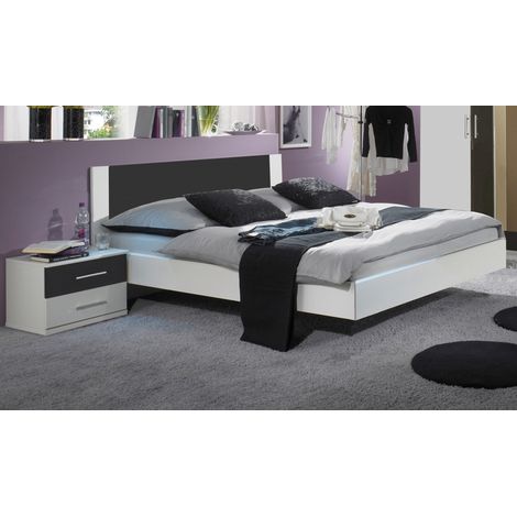 Pegane – Lit adulte 180x200 cm avec 2 chevets – Panneaux de particules mélaminés blanc et rechampis anthracite – Dimensions lit 189x210x80 cm