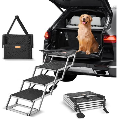 Escalier pour chien 4 marches, rampe voiture pour chiens pliable, charge 68 kg, surface antidérapante, aluminium léger, large marchepied portable pour animaux de compagnie, voiture, SUV, camion (1/5)