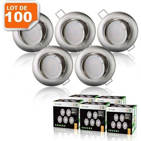 Lot de 100 spot led encastrable orientable aluminium brossé avec ampoule led gu10 230v 5w 6000K (1/3)