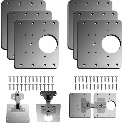 Cabinet Door Hinge Repair Plate, Kitchen Cabinet Door Hinge Repair Plate with Hole, Stainless Steel Flat Mounting Brackets with Screws (6) (1/4)