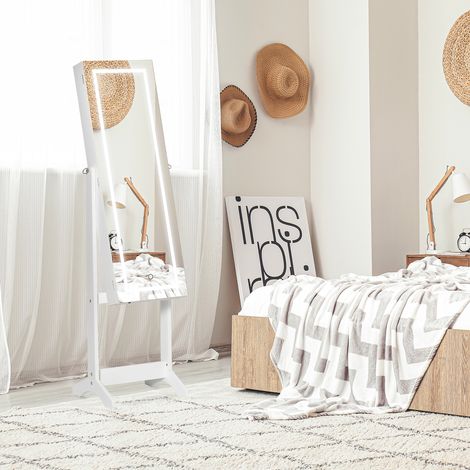 Mobile portagioie con striscia LED, chiusura magnetica, ripiani e scomparti per anelli, 46x36,5x151,5 cm, bianco