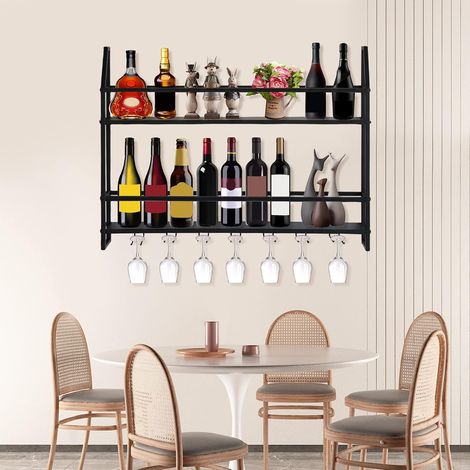 Casier à vin Mural avec Support à Verres à Pied Étagère à vin Industrielle Étagère à vin Bar Étagère Murale Casier à Bouteilles Mural Industriel (1/5)