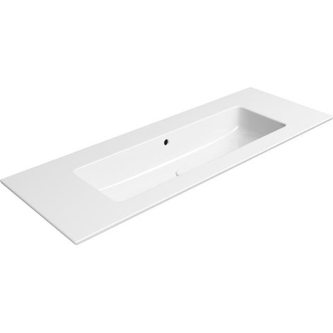 Lavabo en céramique PURA Slim 122x46cm, sans trou pour robinetterie, blanc ExtraGlaze (1/3)