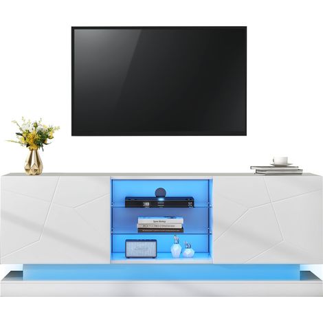 Meuble TV blanc dépoli - 1,6 mètre de long, étagère en verre réglable, espace pour écran de 70 pouces, rangement élégant avec charnières silencieuses (1/4)