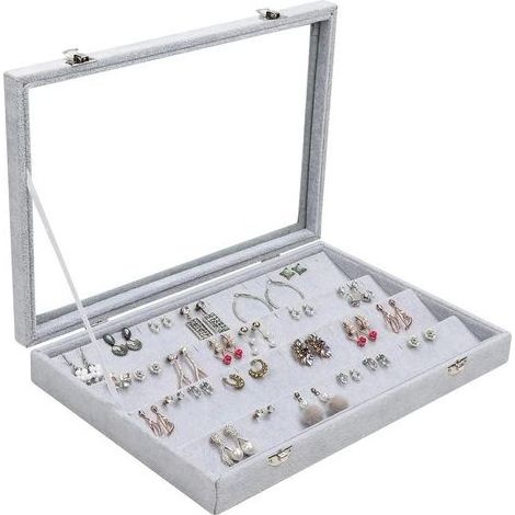 Rangement Boucle d’Oreille en Velours Gris avec 40 Fentes et Couvercle - Presentoir Bijoux et Boucle d’Oreille à 4 Niveaux avec Fenêtre en Verre Transparente pour Boucles d’Oreilles (1/5)