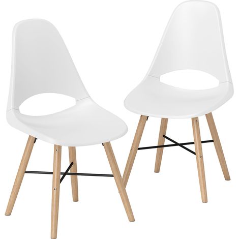 HOMCOM pack de 2 sillas de comedor de plástico sillas de cocina modernas con respaldo curvado y patas de madera de caucho blanco (1/5)