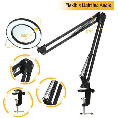 Lampe Loupe, Lampe de Bureau avec Loupe 8X et LED, LOupe Eclairante avec Pince en Métal et Bras Pivotant Réglable, 3 Modes de Couleur,10 Niveaux de Luminosité pour Artisanat, Réparation