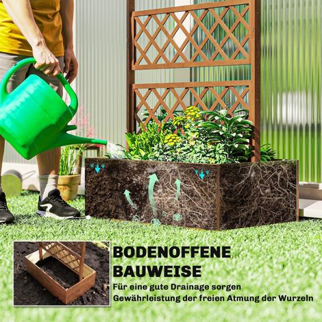 Carré potager en bois avec treillis pour plantes grimpantes, bac à fleurs d'angle avec support mural et toit, jardinière rectangulaire pour balcon et terrasse (1/5)