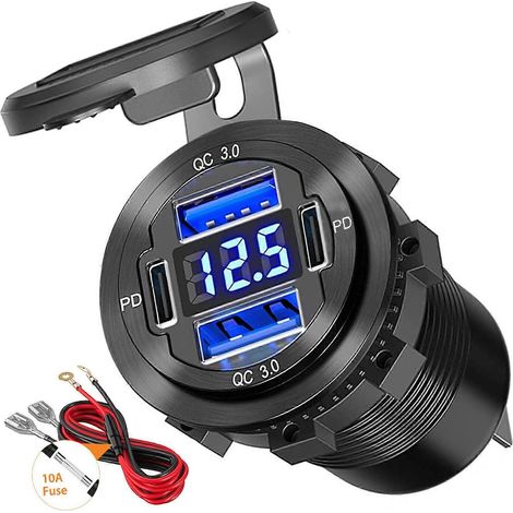 Chargeur de voiture USB-C double PD et Quick Charge 3.0, prise USB étanche en aluminium 12 V pour voiture, bateau, camping-car, camion (1/3)