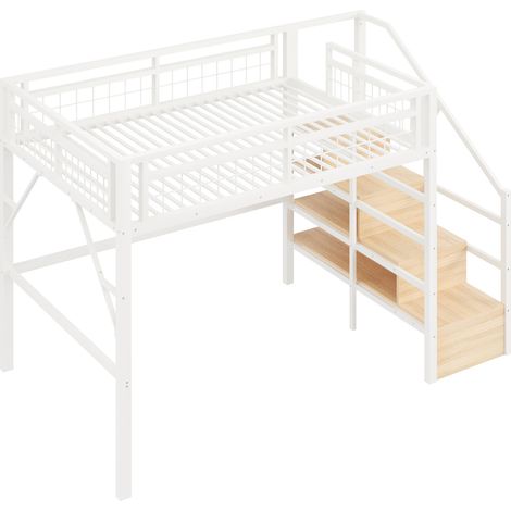 Lit mezzanine 140 x 200 cm avec LED, escaliers de rangement intégrés, structure métal et MDF, espace ouvert sous le lit, blanc, pour enfant – CHICFURN (1/5)