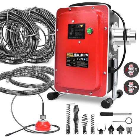 16mm 37M Spiralen Elektrische Rohrreinigungsmaschine 400W 450U/min mit FI-Schalter für Ø30-100mm Rohrleitungen Rohrreinigungsspirale Ø10mm 5M, Rohrreinigungsgerät Rohrreiniger Abflussreiniger