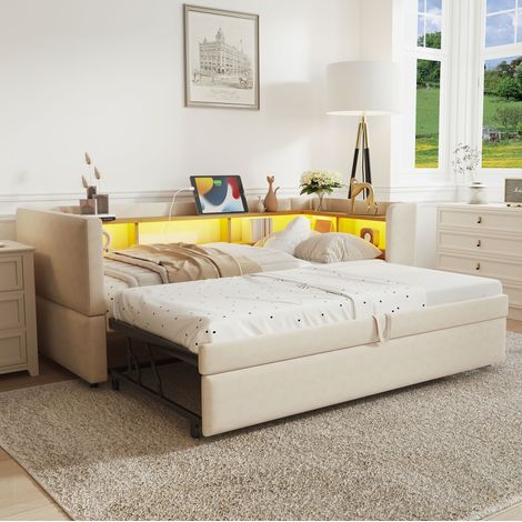 Sofá cama 90/180x190 cm beige de flanela con almacenaje y LED (1/5)