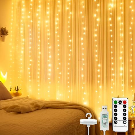Rideau lumineux LED 3x3 m, 300 LEDs, 8 modes d'éclairage avec prise européenne, étanche IP44, utilisation intérieur et extérieur, idéal pour Saint-Valentin et fêtes, disponible en blanc froid ou blanc