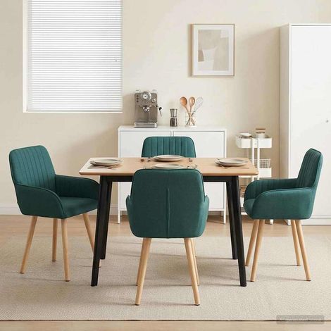Lot de 4 chaises de salle à manger en tissu vert foncé avec accoudoirs et pieds en bois massif - PANGIVO (1/5)