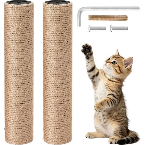 Lot de 2 troncs de rechange pour arbre à chat - Diamètre 6 × 40 cm - En corde de jute naturelle - Avec vis M8 et clé à molette - Pour arbre à chat domestique stable (1/5)