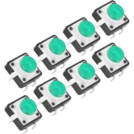 20 interrupteurs à bouton-poussoir tactiles de 12 x 12 x 7,3 mm avec LED. Interrupteurs à bouton-poussoir tactiles instantanés (verts). (1/5)