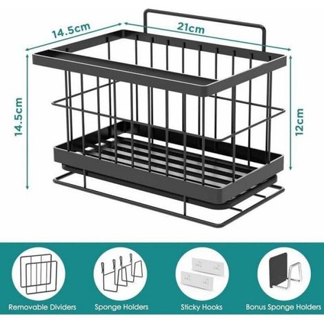 Organisateur évier mural inox noir 20×16×14 cm, pour éponge, brosse et liquide vaisselle (1/4)