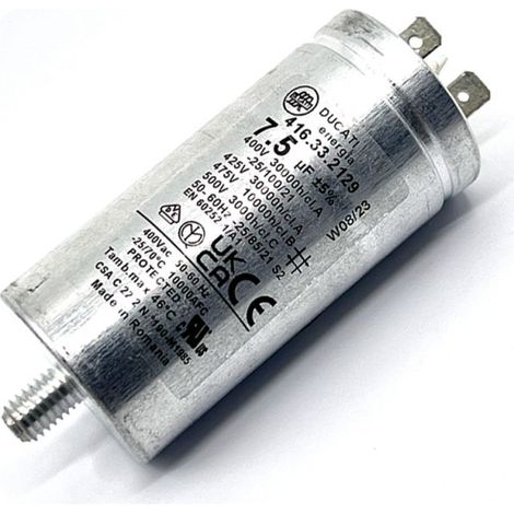 Ducati Energia – Condensateur permanent aluminium 7,5µF à cosses faston simple – Ø35x72mm – Compatible avec Bosch, Siemens, Aeg, Whirlpool