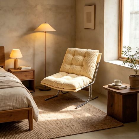 Fauteuil velours côtelé avec housse amovible, design Barcelone, pieds métal légers, crème, pour salon, chambre, balcon & salle d’attente (1/5)