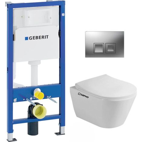 Pack WC Bati-support Geberit Duofix UP100 + WC sans bride Lucco Avva avec fixations invisibles + Abattant softclose + Plaque