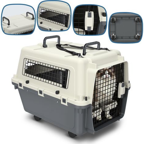 Jiubiaz Transportbox Hund und Katze mit 4 Rollen, 67.3 x 54.9 x 51.5 cm, bis 17.5 kg, Metalltür, Lüftungsgitter, 2 Näpfe, Weiß/Grau (1/5)