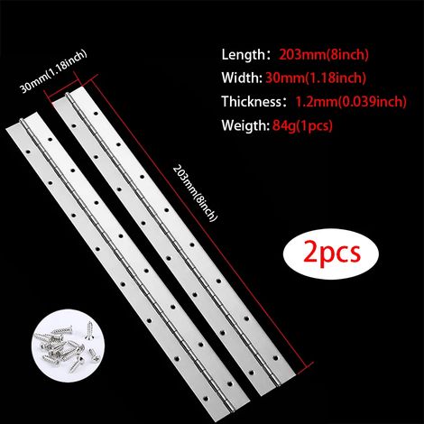 Charnières piano (2 pièces, 20 cm) en acier inoxydable 304 haute résistance, pour meubles et placards. Disponibles en 2 pièces de 20, 25, 30, 40 et 40 cm. (1/5)
