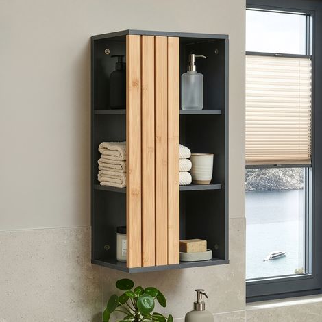 Armoire murale de salle de bain Svanes bambou 60 x 30 x 20 cm gris foncé naturel [en.casa] (1/5)