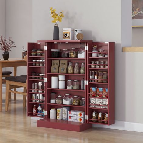 Armoire meuble de cuisine garde-manger 2 portes avec 5 étagères et 12 porte-épices - 60 x 30 x 104 cm - rouge