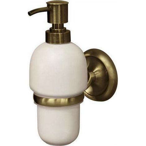 Distributeur de savon mural en céramique écrue – Poignée en zamak plaqué laiton antique – Largeur 80mm – Hauteur 200mm – Profondeur 115mm – (1/3)